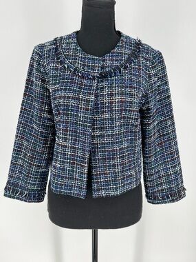 Karl Lagerfeld Paris blue tweed open-front blazer collarless W/fringe trim